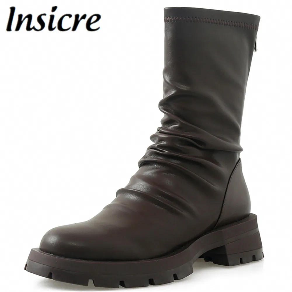

Insicre 2022 British Style Good Quality Leather Pleated Ankle Boots Women Thick Bottom Round Toe Zip Autumn Winter Shoes Brown
