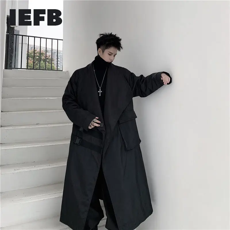 

IEFB Big Lapel Black Long Trench Coat For Men 2023 Autumn New Carabiner Decorative Pockets Loose Windbreaker 9Y4708