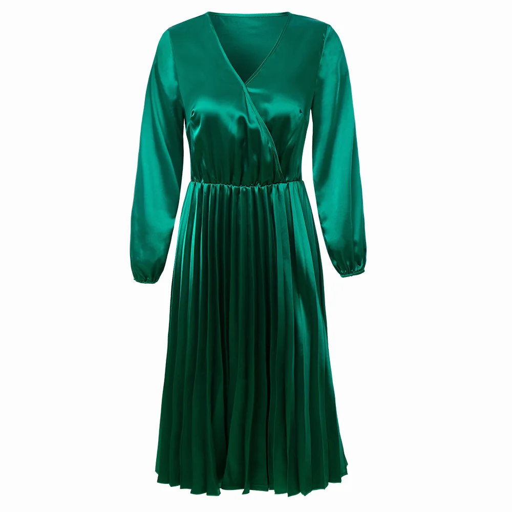 Adogirl Elegant Ruched Satin Dress Women Vintage Off Shoulder Wrap V Neck Long Lantern Sleeve A-Line Sexy Party Vestidos | Женская