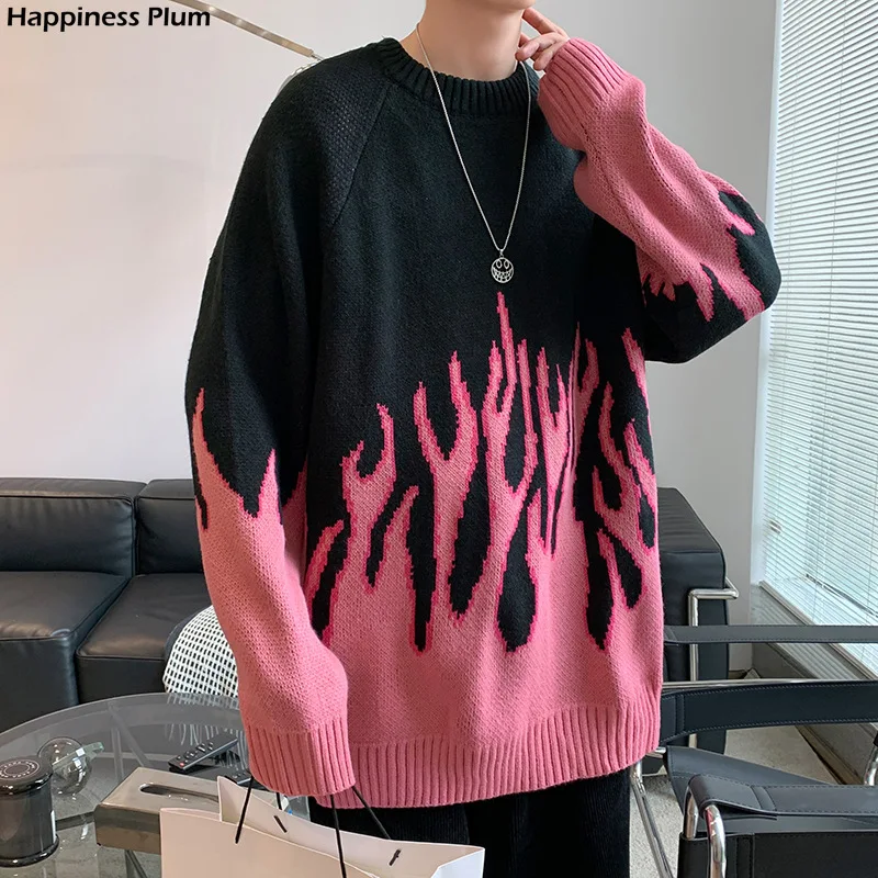 Oversize Pullovers Tops Mujer Vintage Knit Hip-hop Sweaters for Women Chic Flame Print Streetwear BF Jumper Pull Femme