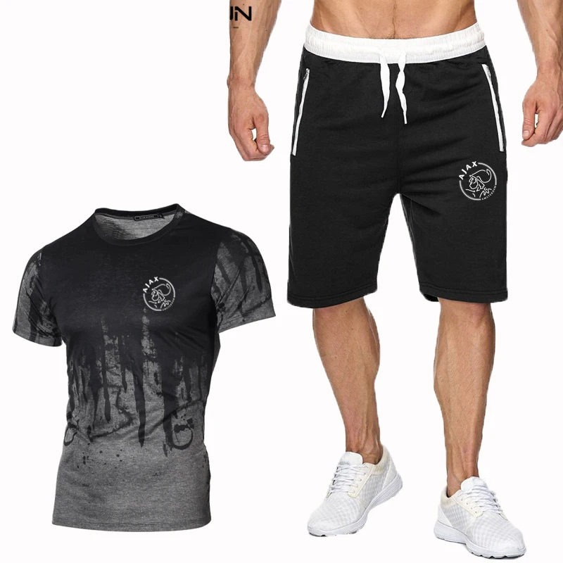 

AJAX 2020 Men Fashion T-shirt 3D Digital Gradient Print Suit + Two Pieces Shorts Suit Fitness Pants Casual Pants Sports Pants