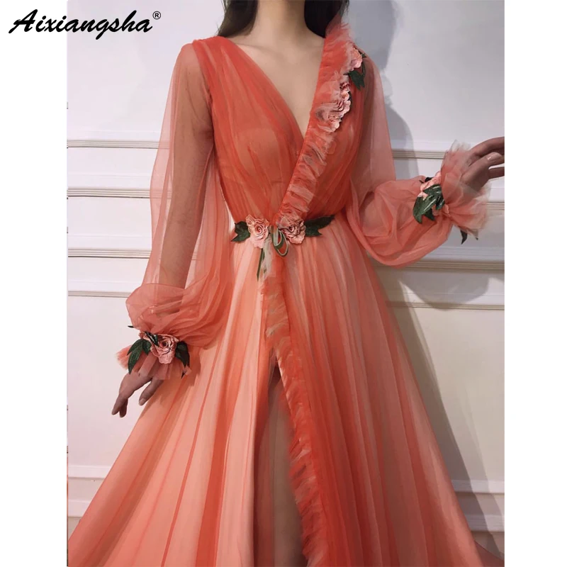 

Orange Elegant V Neck Evening Dresses Long Split Front 3D Flowers Party Dress Robe De Soiree