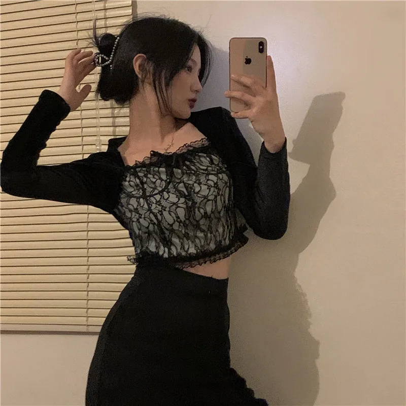 

Sexy Club Lace Square Collar Slim T-shirts Spring Autumn New Black Long Sleeve Tees Women's Clothing Ins Hipster Corp Top 2021