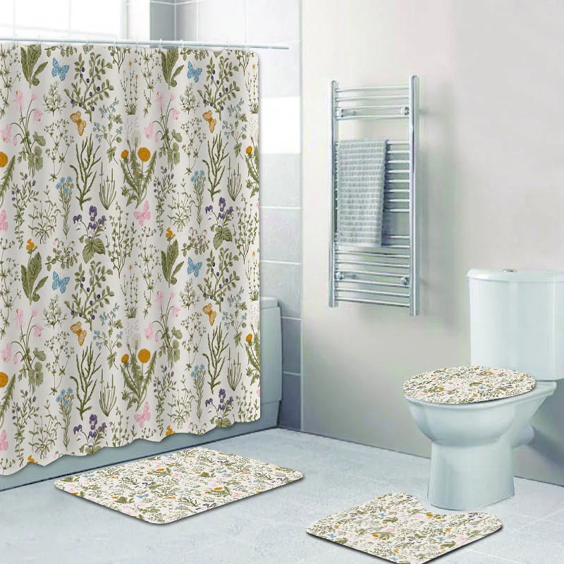 

Винтажные садовые растения, травы, дикие цветы, ботанические занавески для ванной комнаты, набор штор для душа, Элегантные Коврики для ванно...