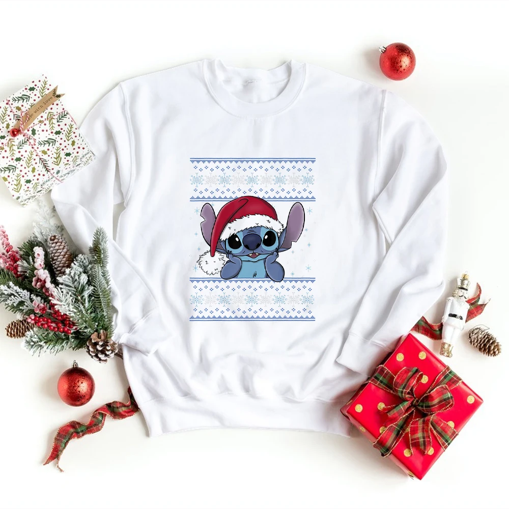 

Cute Christmas Stitch Harajuku Children's Clothing White Round Neck Unisex Tops Cartoon Disney Hoodies Fashion Kids Clothes