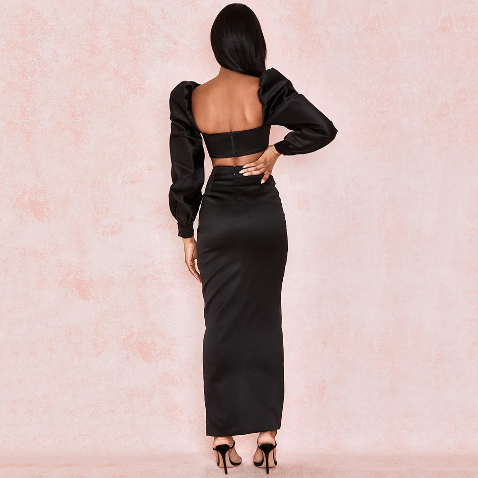 

2021 New Summer Women's Black Long Sleeve Split Draped Button Dress 2 Piece Two-piece Dress Sexy Bodycon Club Party Dress