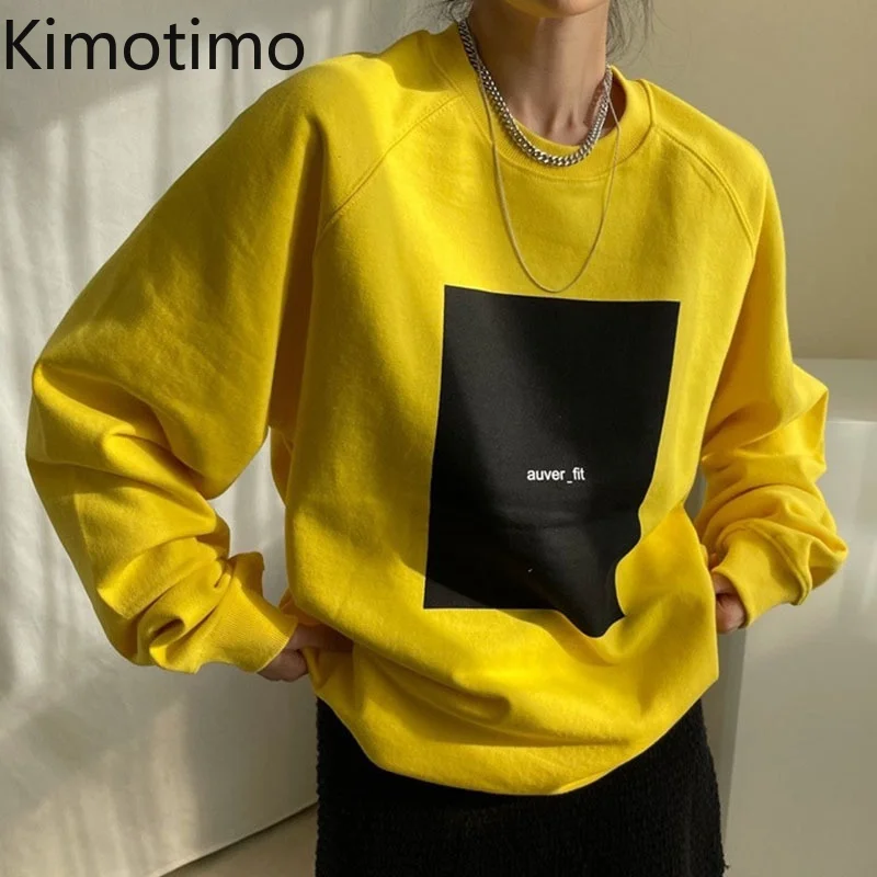 

Женские толстовки Kimotimo с принтом, Осень-зима 2021, Повседневная Уличная одежда с круглым вырезом, свитшот, корейская мода, Свободный пуловер с ...