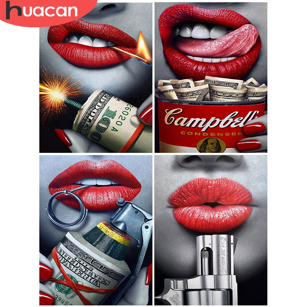 

HUACAN DIY Diamond Painting Portrait Girl Full Square Diamond Embroidery Lips Mosaic Rhinestone Black And Red Decor