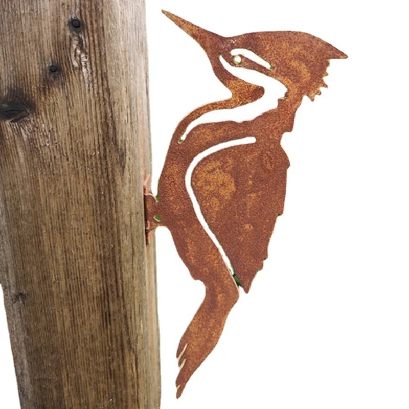 

T3EC Elegant Garden Stake Design Pileated Bird Rusty Metal Silhouette Tree Decoration