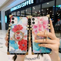 luxurious tpu flower square phone case for huawei p20 p30 p40 pro mate 20 30 nova 6 7 fashion retro rhinestone stand phone case