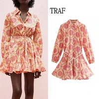 traf summer short dress 2021 za women fashion with belt print long sleeve mini dress woman clothes robe buttons casual dresses