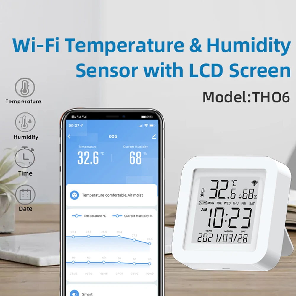 

Tuya WiFi Temperature and Humidity Sensor with LCD Screen Display One-click linkage Home Automation Alarm Intelligent sensor