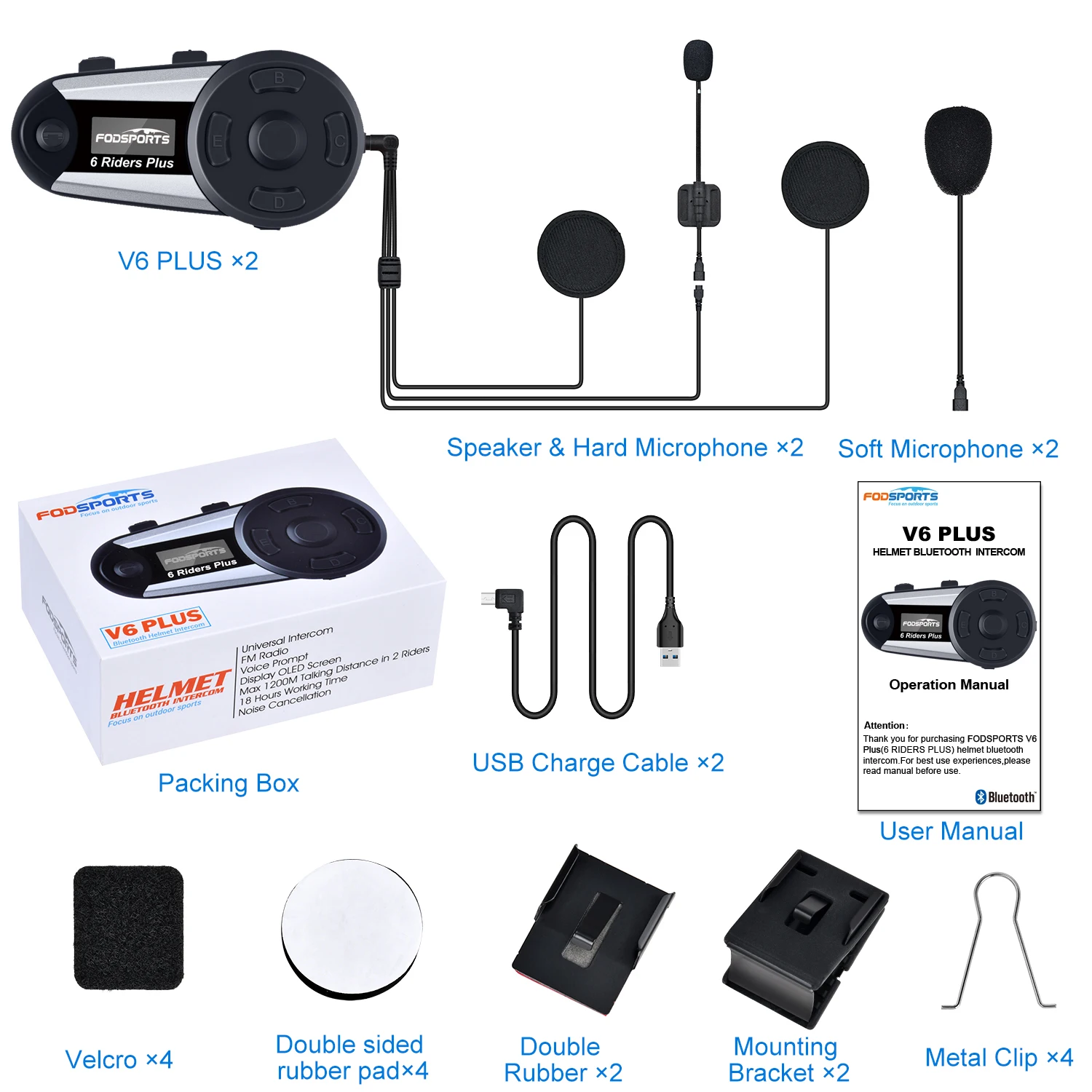 Bluetooth Интерком Fodsports V6 для мотоциклетного шлема 1200 м 2 шт.|bt interphone|bluetooth headset