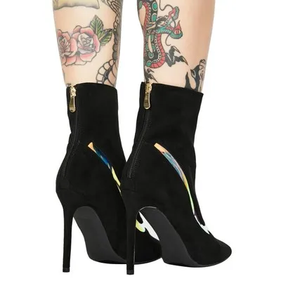 

Hot Super High Heel Genuine Leather Pointed Toe Woman Boots Rear Zipper Thin Heels Mid-Calf Fashionable Stretch Fabric Boots
