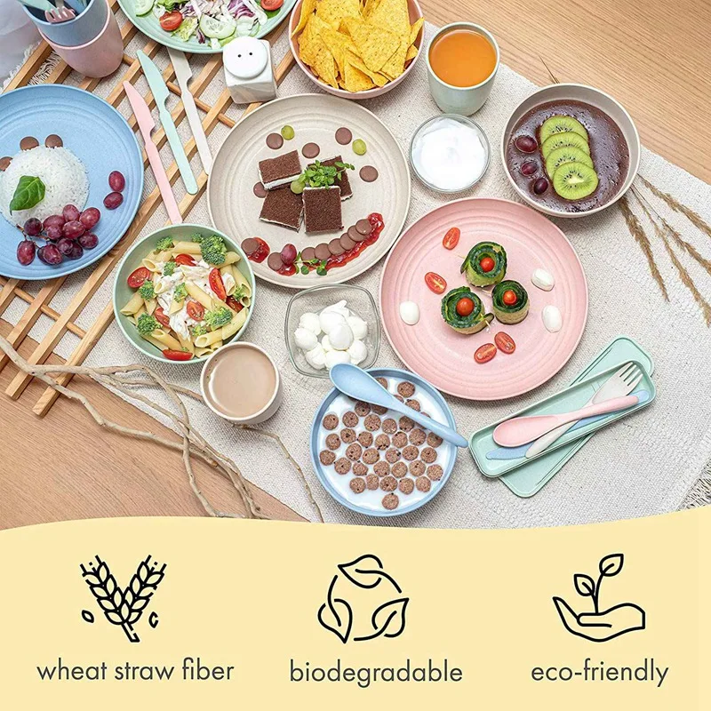 

Wheat Straw Dinner Set - (28Pcs) Lightweight & Unbreakable Dinner Set -Reusable Plates, Cups, Bowls and Cutlery