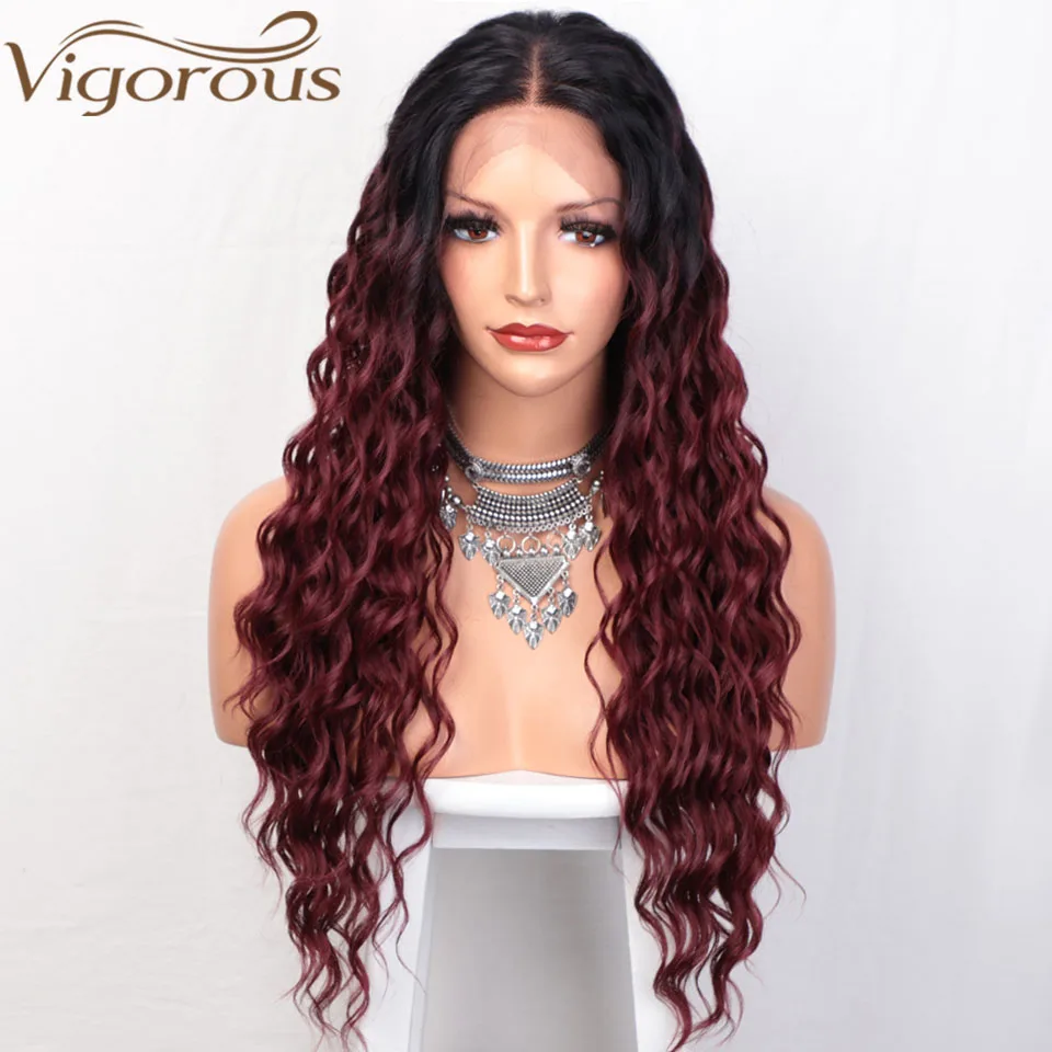 

Vigorous Synthetic Long Wavy Synthetic Wig Lace Front Wigs for Women Omber Red Middle Parting Hair Glueless Heat Resistant Fiber