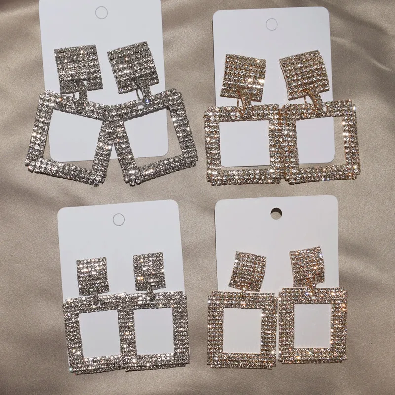 

New Design Women Fashion Shiny Rhinestone Square Pendent Dangle Earrings Jewelry Hot Sale Model Show Dress Earrings Accessory