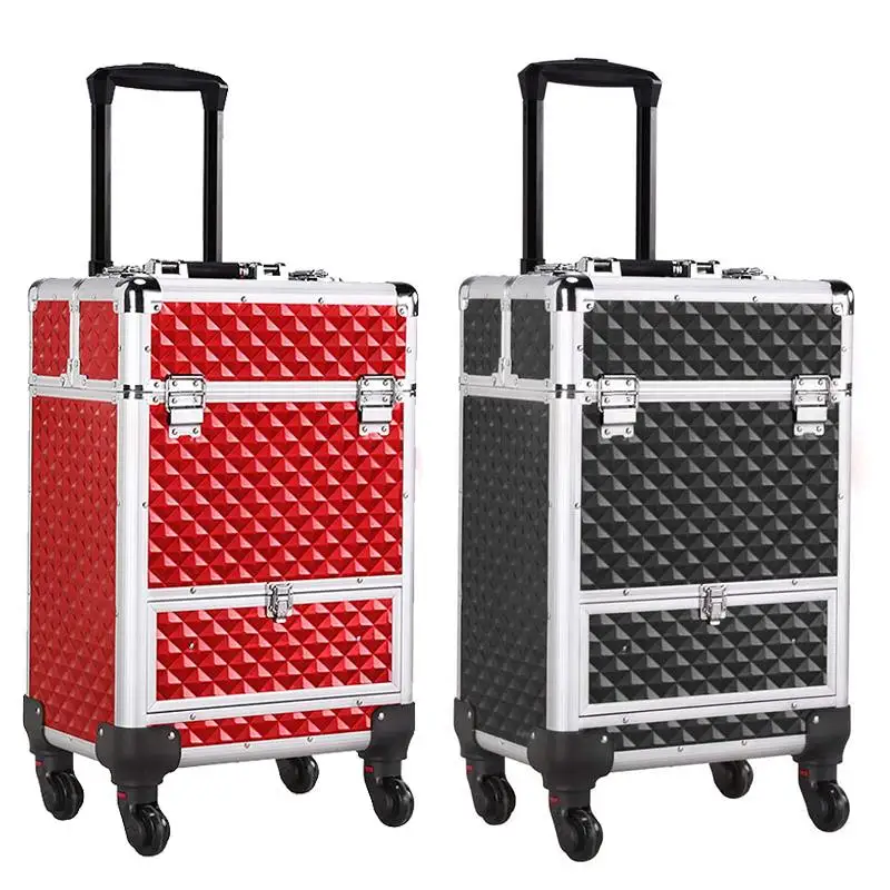 Fashion Trolley Cosmetic Case Aluminum Portable Travel Makeup Case Professional Box Spinner Wheels Trolley Luggage