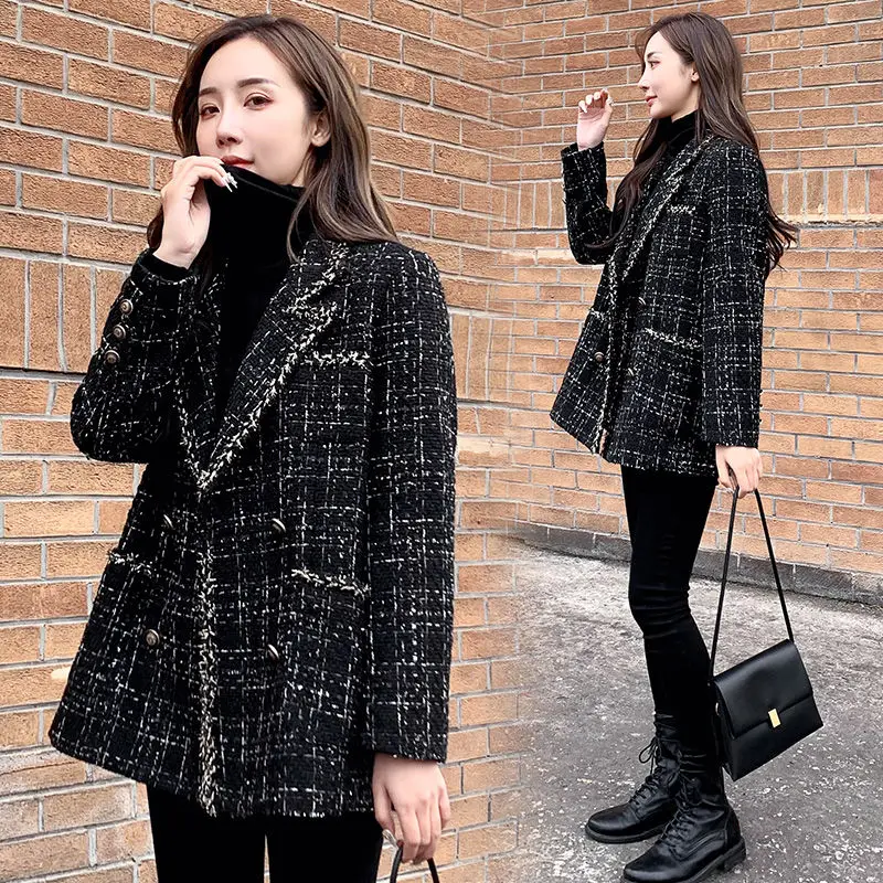 

Luxury Designer Brand Wool Blends Coat for Women Fashion Black Vintage Turndown Collar Plaid Wide Waisted Tweed Coat S-XXL Y903