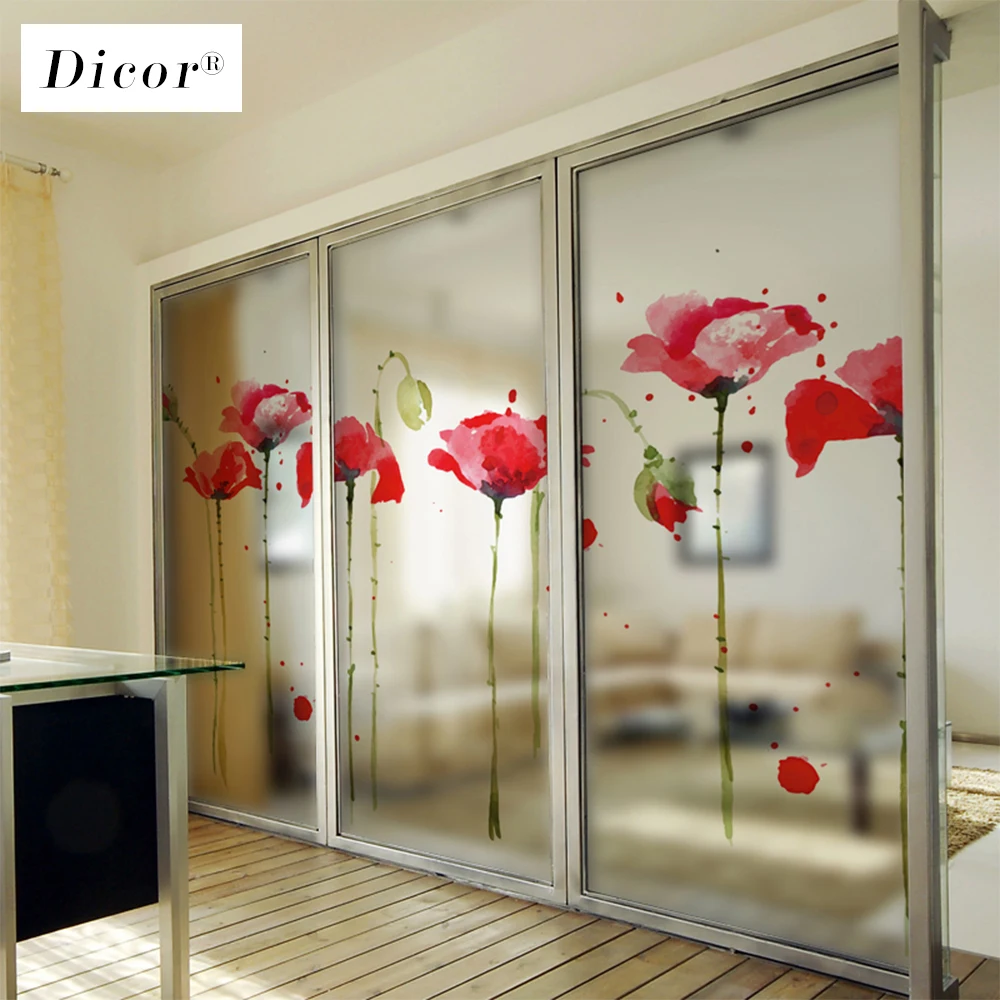 Красный цветок Поппи витражная пленка клейкая цветы наклейки на окна стекло для