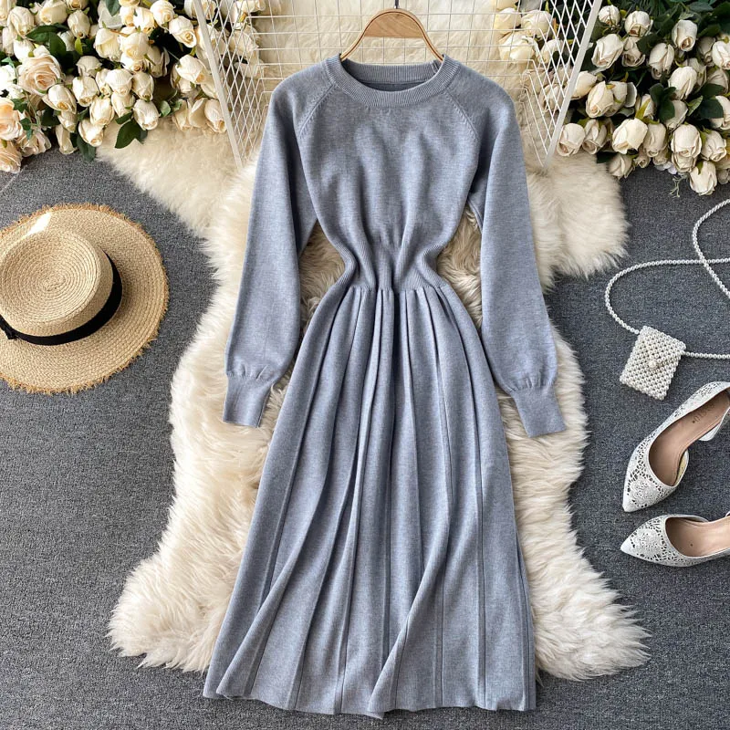 

Casual Simple Design Medium Long Women Knitted Dress Long Sleeve Pullover O-neck Sweater Dress