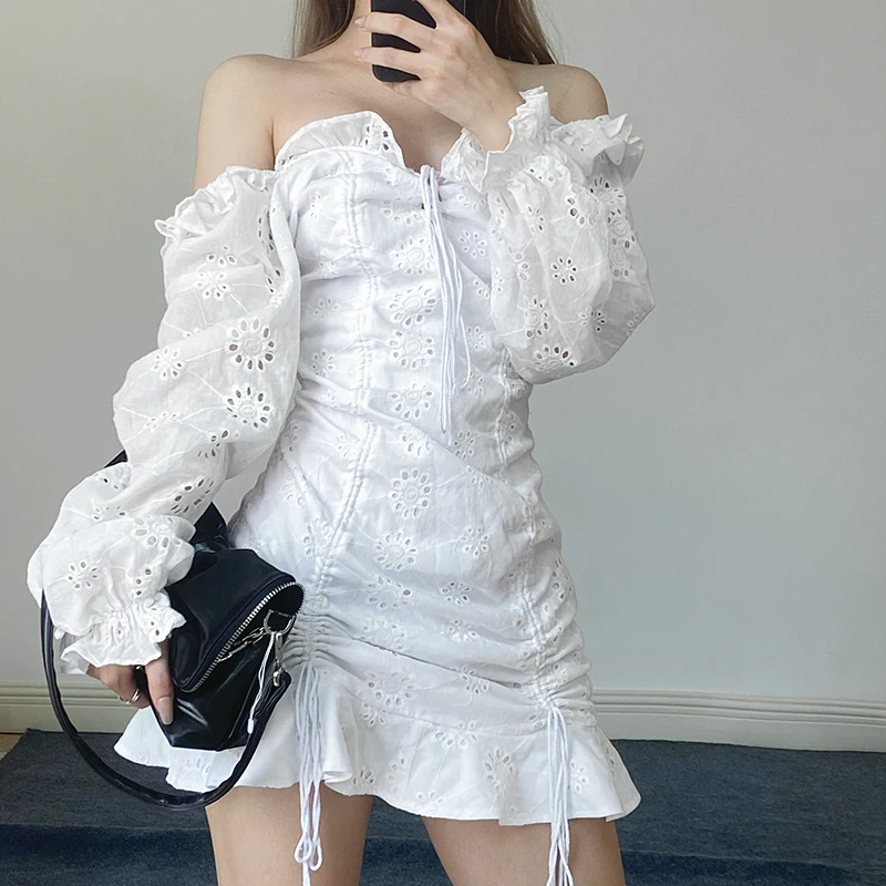 

Женское короткое Хлопковое платье с рюшами, повседневное винтажное облегающее платье с пышными рукавами в Корейском стиле