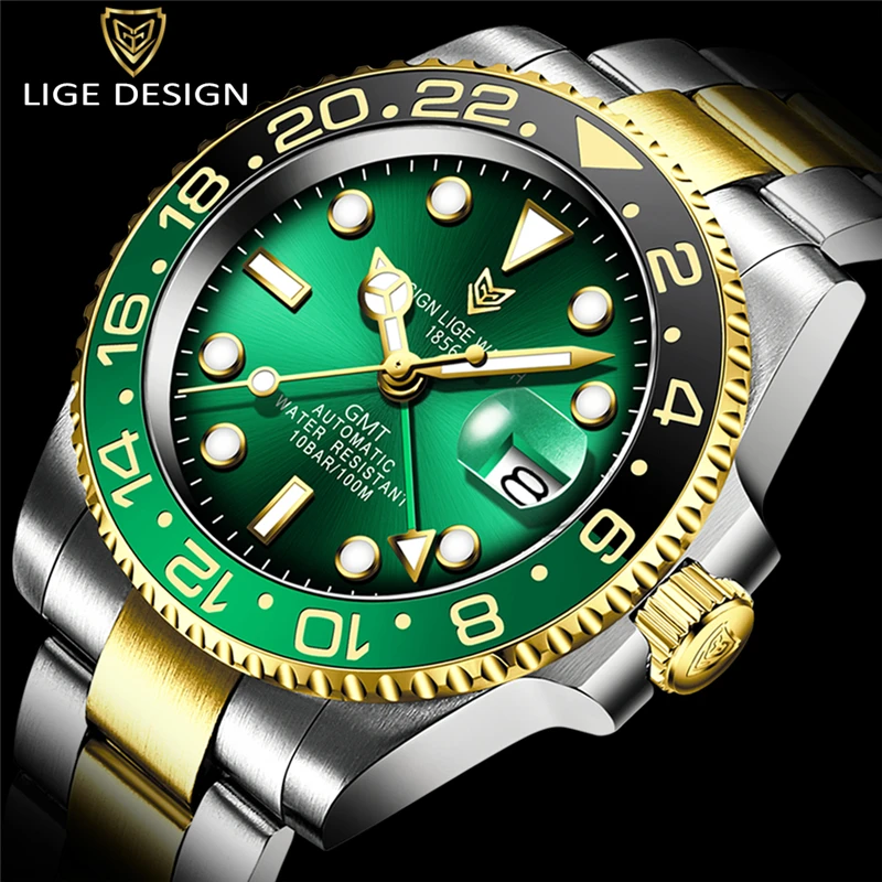 

LIGE новые механические Автоматические Мужские часы золотые Relogio Masculino gmt керамические ободки спортивные мужские часы лучший бренд Роскошные ...