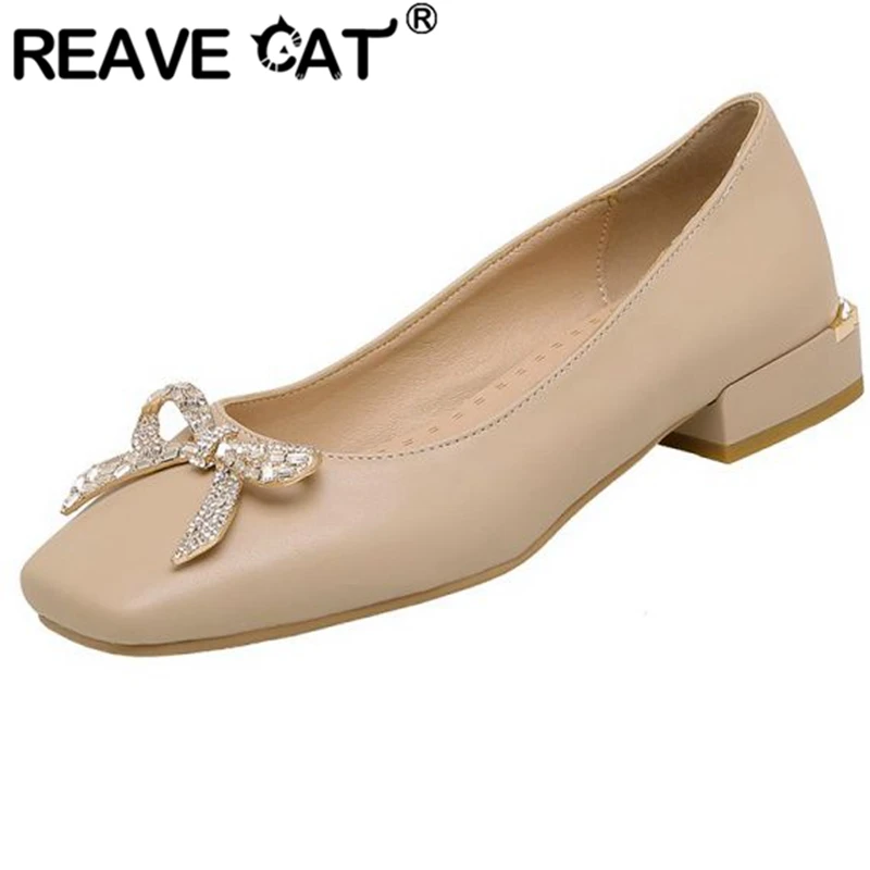 

REAVE CAT Woman's Pumps Shoes 2022 Square Toe Low Heels Slip-on Bowtie Plus Size 32-43 Solid Apricot Beige Spring Concise S2905