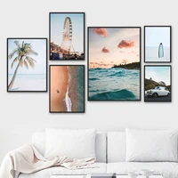 car palm sky sea beach waves ferris wheel wall art canvas painting nordic posters and prints wall pictures for living room decor