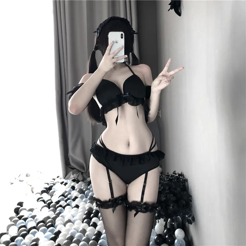 

Kawaii Chiffon Sexy Lingerie Sweet Maid Cosplay Costumes Charming Black White Erotic Outfit for Female Transparent Bra Set