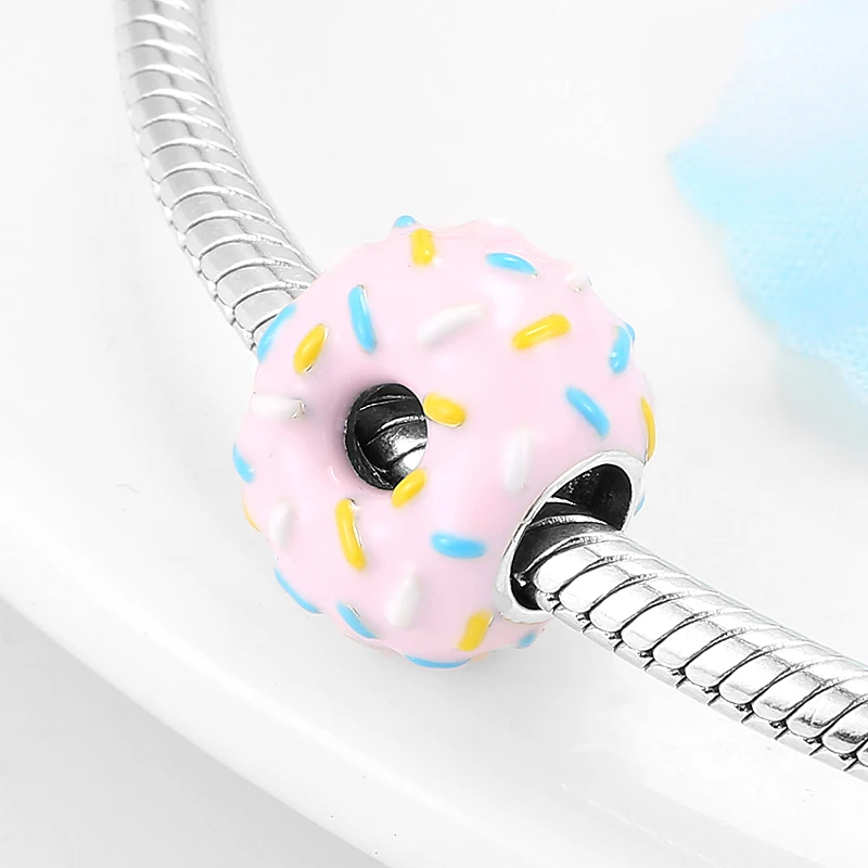 ew 925 Sterling Silver Pink Enamel Donuts Cute Beads Jewelry making fit Original European Charm Bracelet Women | Украшения и