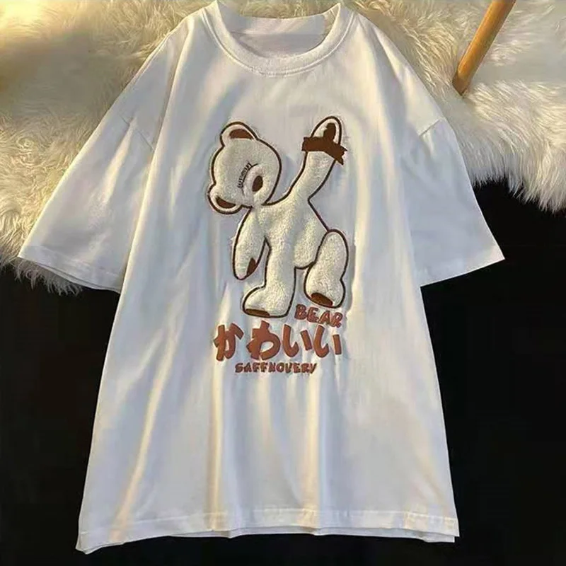 

Women's T-shirt 2021 Cartoon Bear Print Kawaii Short Sleeve T-shirts Casual Loose Cotton O-Neck Oversized T-shirt Korean Fashion