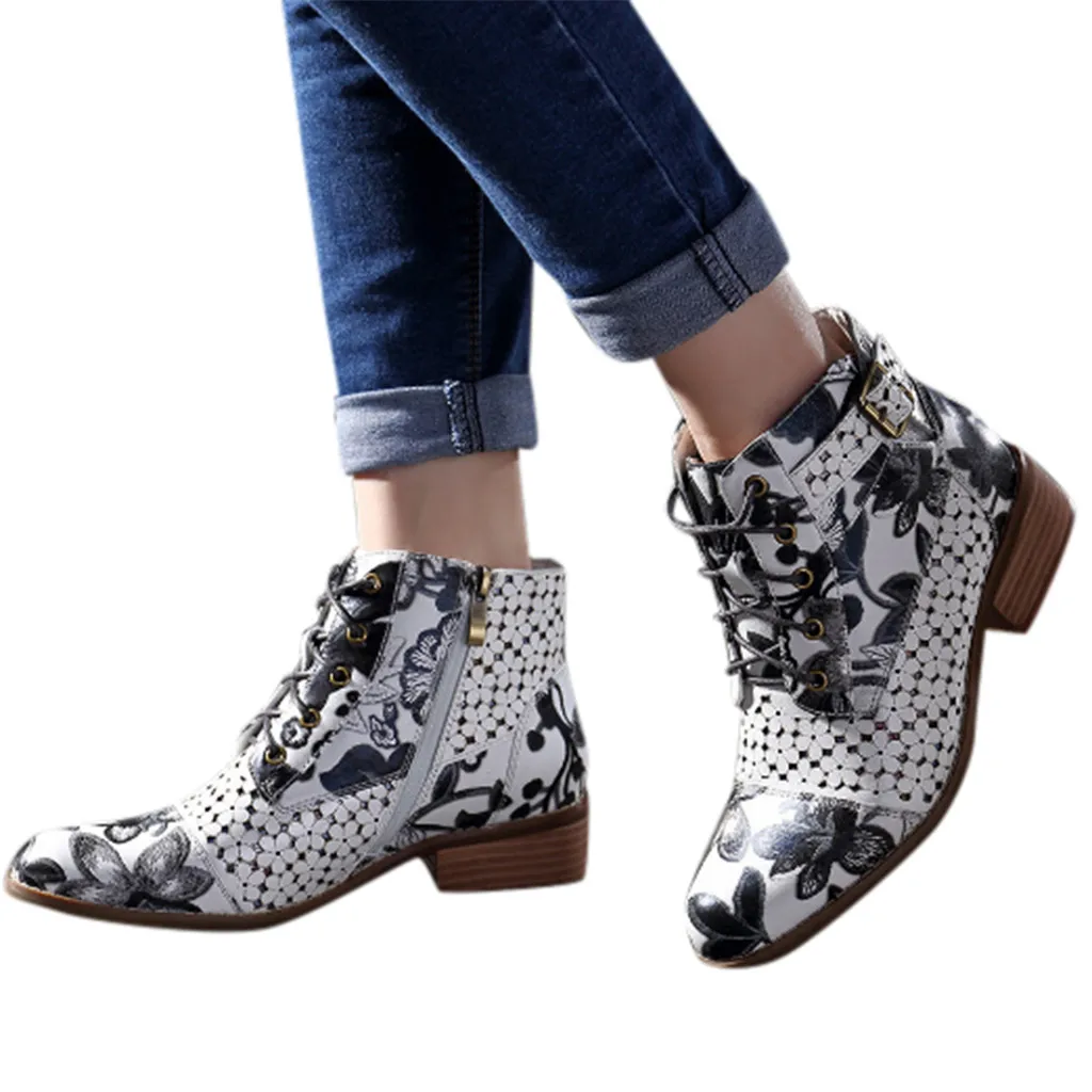 2019 г. Ботинки на шнуровке с цветочным принтом женская обувь ботильоны для женщин