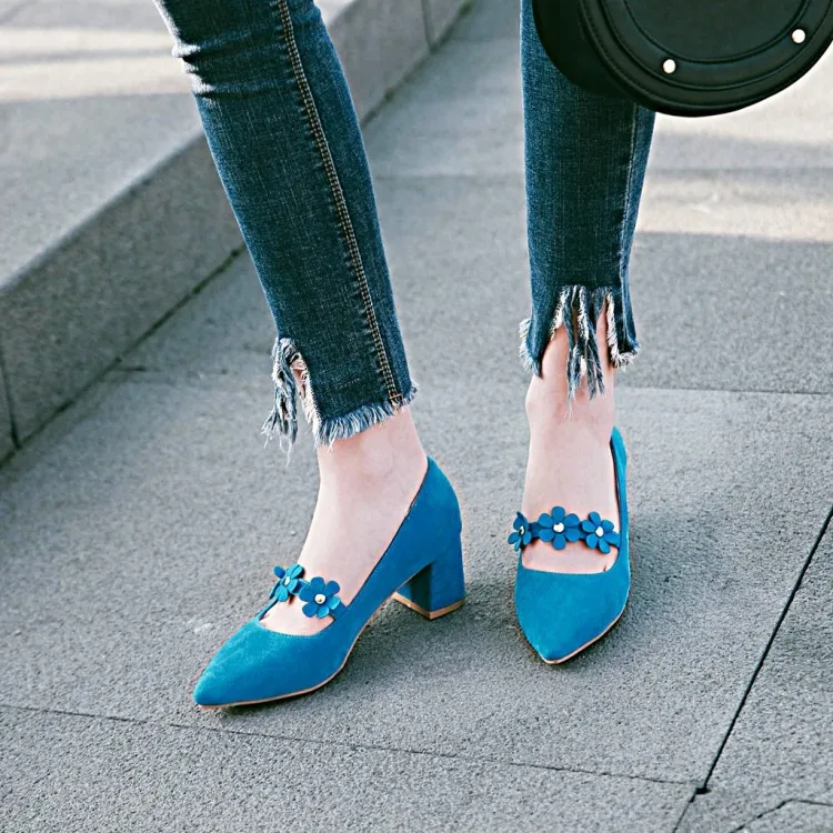 

ASHIOFU Handmade 2020 New Women's Block Heels Pumps Faux-suede Slip-on Party Office Shoes Flowers Daily Wear Fashion Court Shoes
