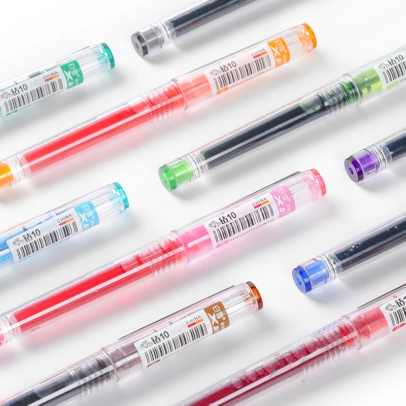 12pcs/Box X55 Needle Penpoint Straight Liquid Rollerball Pens 0.5mm Transparent Body 10 Colors Refill Replaceable |