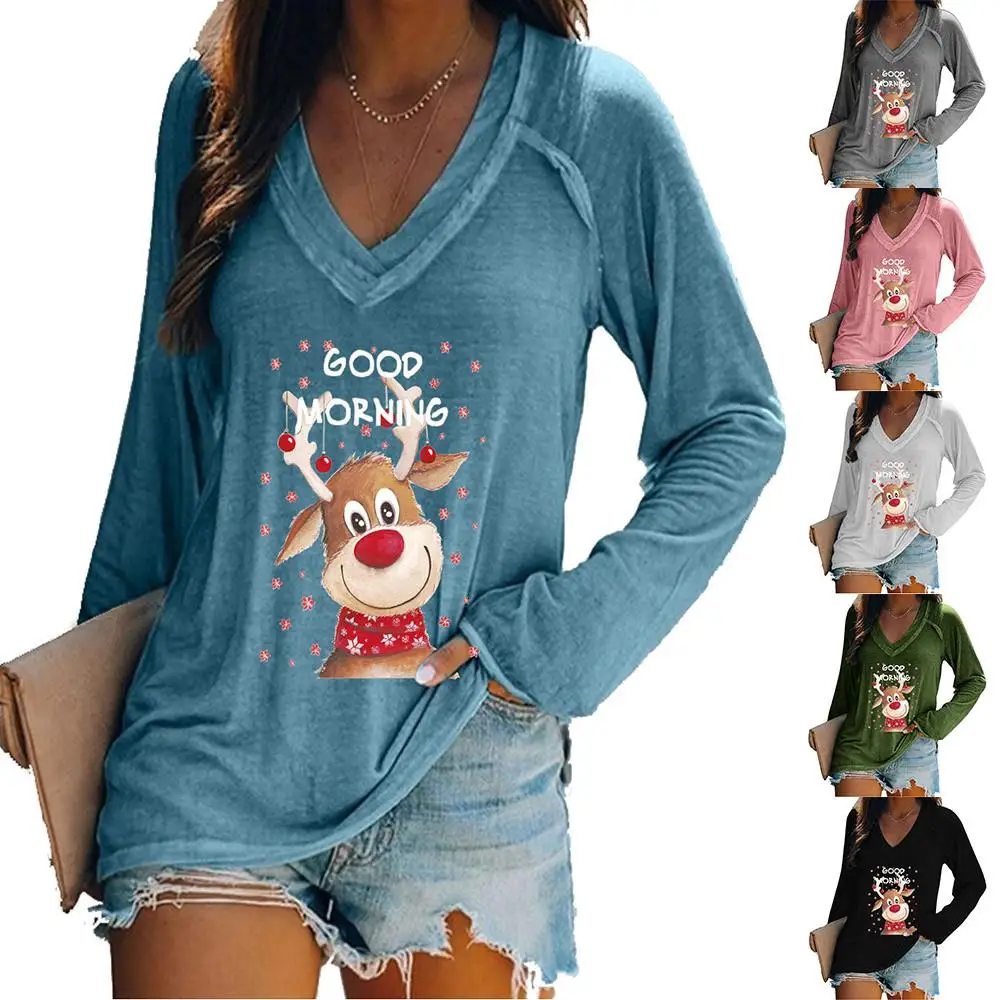 

Womens Long Sleeve V Neck Elk Printed T-Shirt Tops Casual Baggy Xmas Blouse Tee Plus Size