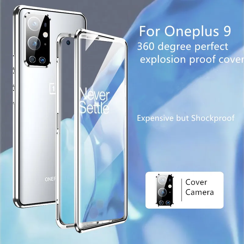 magnetic adsorption metal bumper phone case for oneplus 9 8 pro 9r case double tempered glass camera lens protector back coque free global shipping