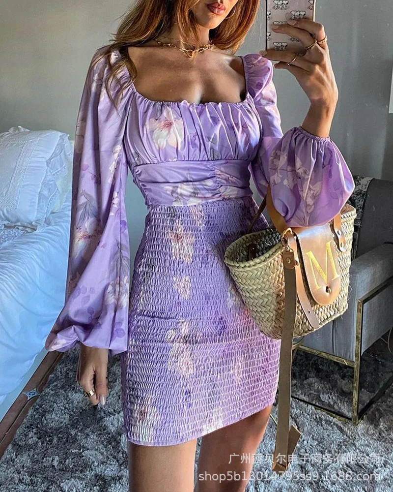 

Платье женское с длинным рукавом, элегантное офисное повседневное свободное платье фиолетового цвета с квадратным вырезом и модным принто...