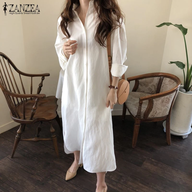 Женское длинное платье-рубашка с длинным рукавом из хлопка разрезом осень 2021 |