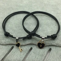 2pcspair couple bracelet alloy key love heart lock charm bracelet handmade jewelry rope bracelet gifts for lovers couple