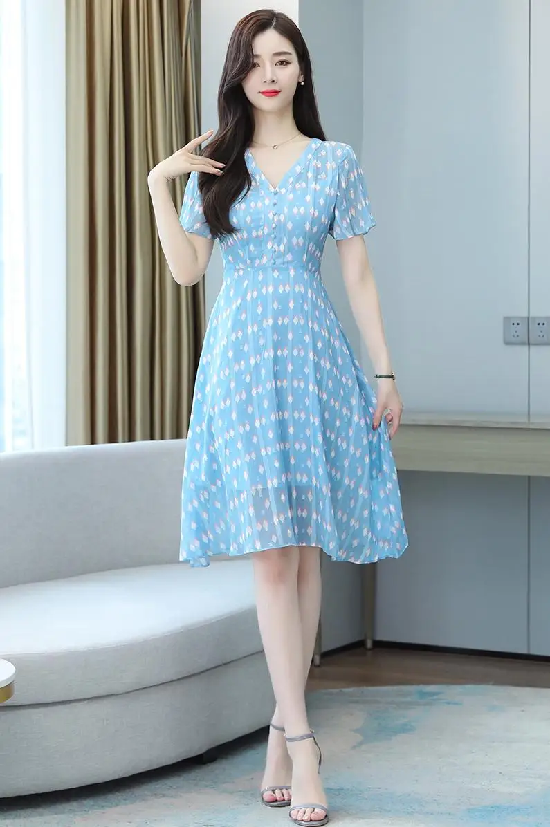 

Hot Sale Women's Summer Bohemian sweet Floral dress V-Neck Loose Short Sleeve Fashion Casual Midi Sundress