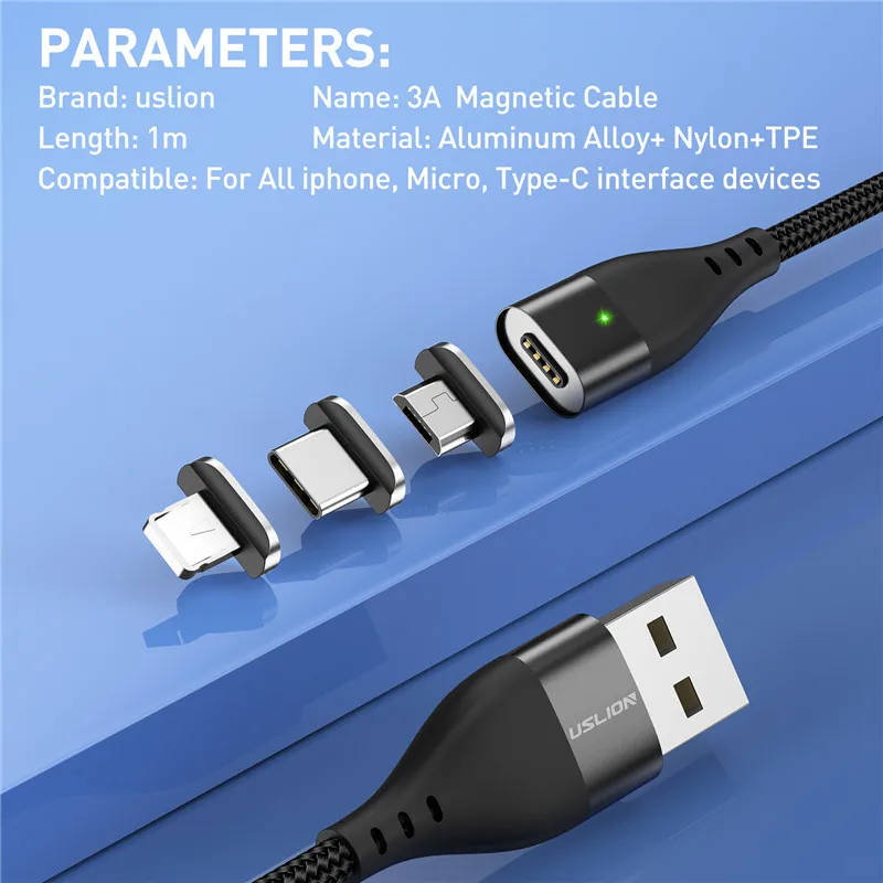 USLION Магнитный кабель Micro USB для iPhone samsung 3A, кабель для быстрой зарядки и передачи данных, Магнитный зарядный кабель usb type C, кабель для телефона Android