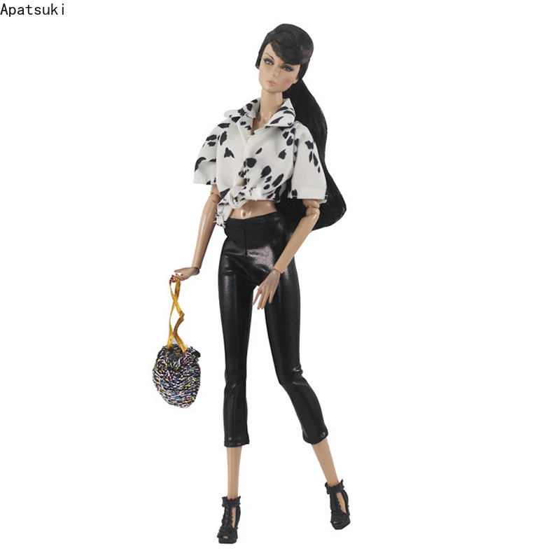 White Cow Shirt Black Trousers Pants Purse Bag Fashion Outfits For Barbie Doll Clothes Set 1/6 Dollhouse Accessories Kids Toys