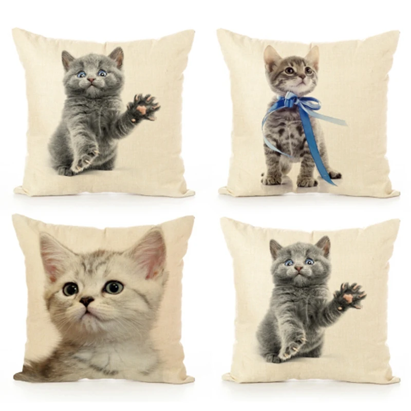 

Симпатичная льняная наволочка с принтом кошки и квадратная удобная домашняя декоративная искусственная подушка с животными
