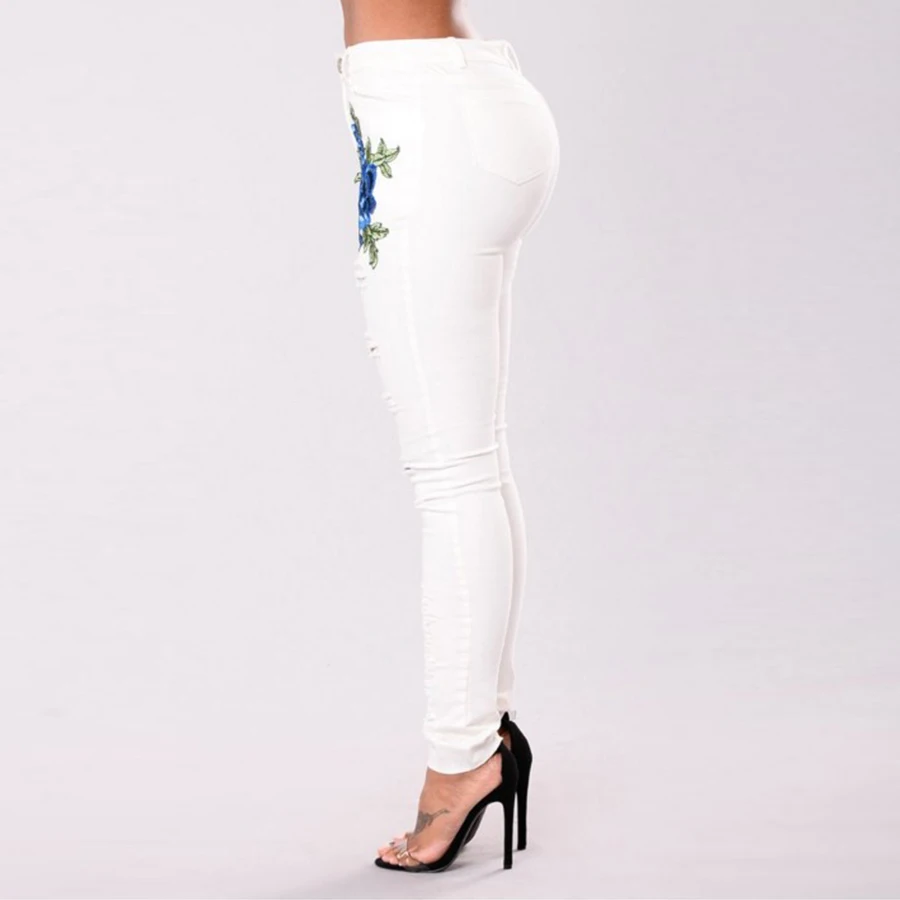 Женские джинсы с вышивкой DICLOUD черные белые дырками модные обтягивающие