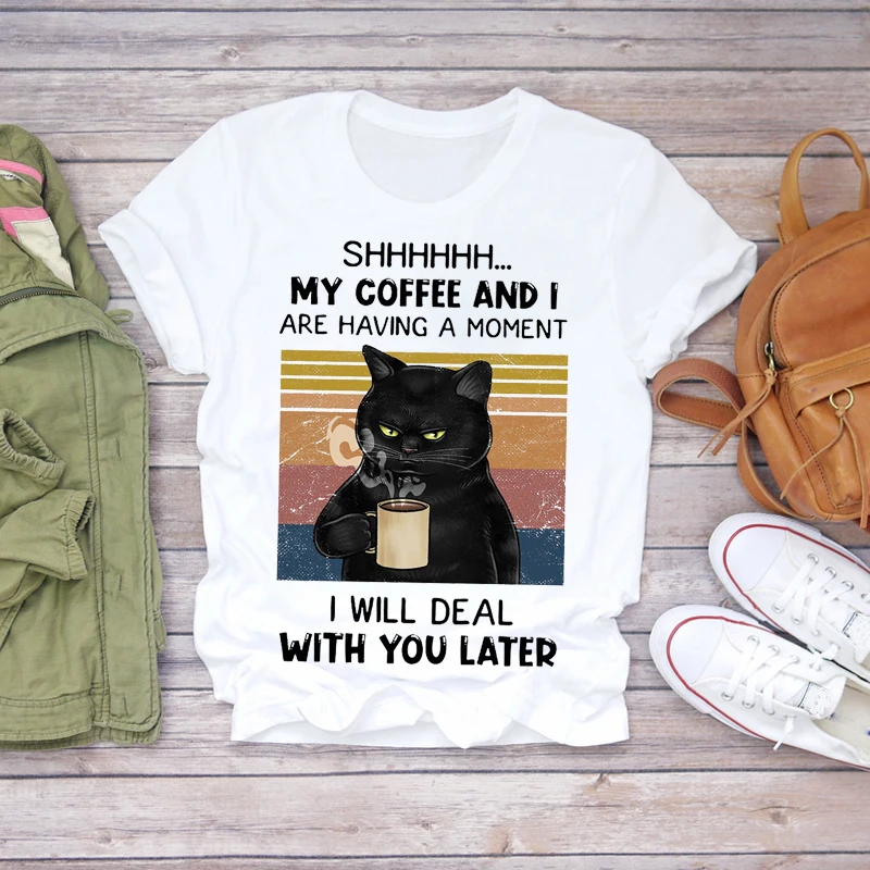 

Women Cat Coffee Funny Printing Cartoon Fashion 90s Ladies Print Lady T-shirts Top Womens Graphic T Shirt Female Tee T-shirt