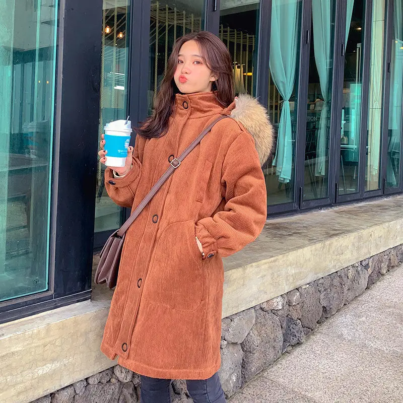 Женская Вельветовая куртка с меховым воротником капюшоном|Женские парки| |