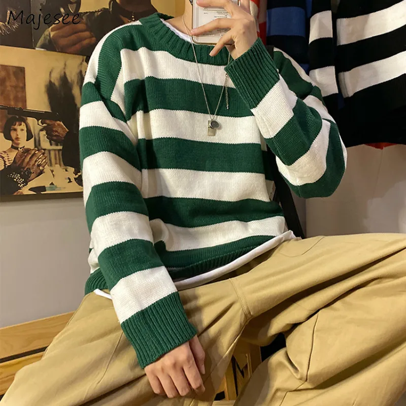 

Men Sweater Simple Striped Panelled O-neck All Match Korean Streetwear Mens Sweaters Harajuku Winter Clothes Pullovers Daily New