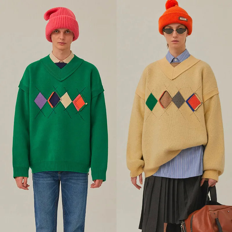 

Ader Error Sweater Splic Patch V-Neck Sweatshirts Men Women 1:1 High Quality Four Diamond Two Patch Embroidery Knitt Z-stitch
