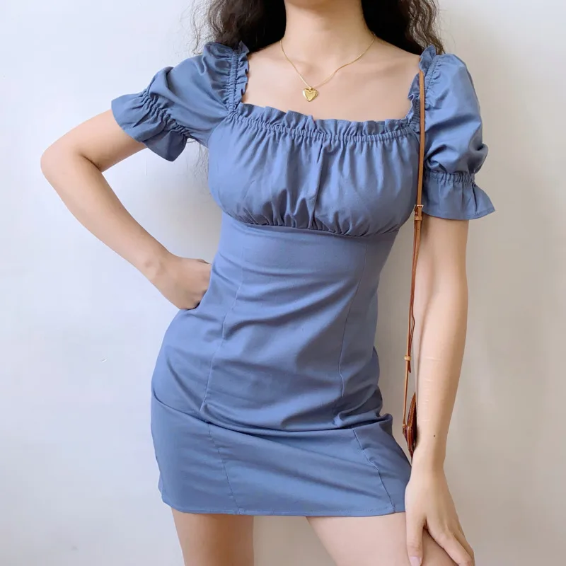 

TVVOVVIN Women's Fashionable Korean Slim One-shoulder Two-Wear Puff Sleeve Waist A-line Folds Casual Dress Short Skirt AEIH